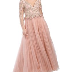 MAC DUGGAL Lace Illusion Long Sleeve Gown With Tulle Skirt