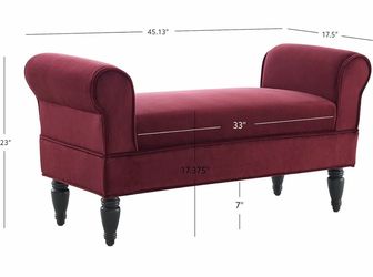 Red Velvet Upholstered Bench with Rolled Arms