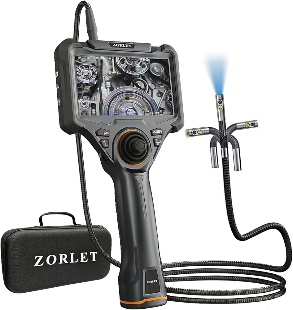 Dual Lens 360° Articulating Borescope with Light, 5'' HD Monitor 4-Way Joystick Inspection Camera, 0.25in Slim Probe 5.0FT Semi-Rigid Snake Industrial