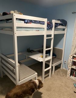 White Twin Bunk Bed with Desk & Futon/Seating — Great for Kids’ Room