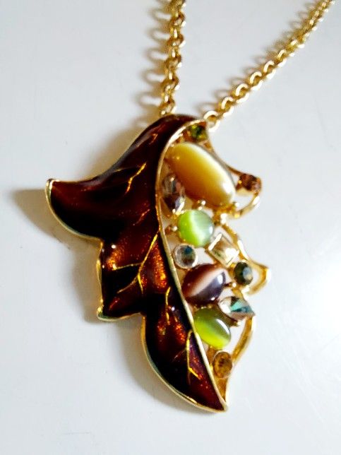 2" Gold and Brown Enamel Autumn Leaf with Multi-Colored Gemstone Accents Pendant on a 24" Gold Chain Link Necklace. No markings. Fashionable Costume J