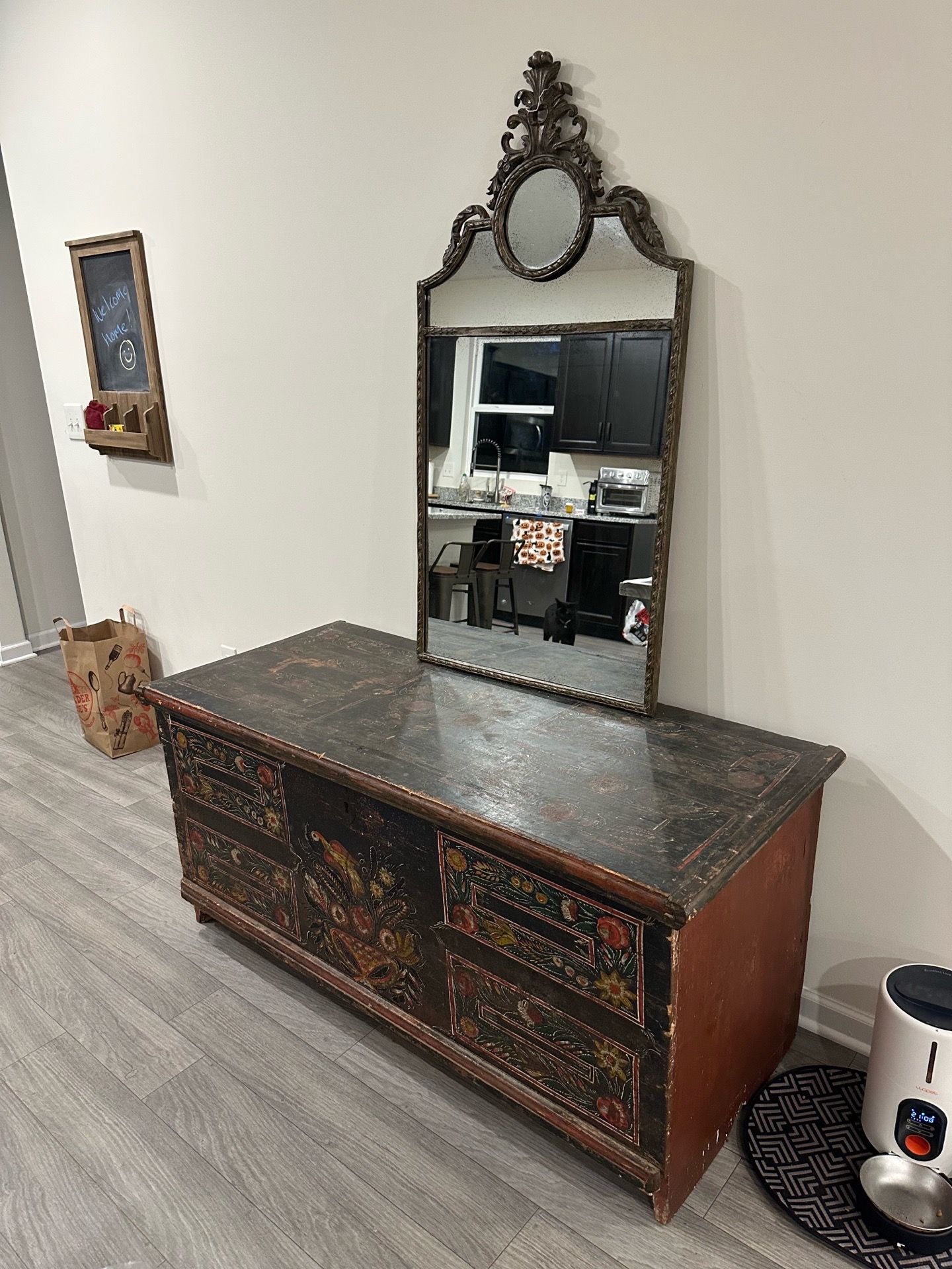 antique storage trunk and mirror