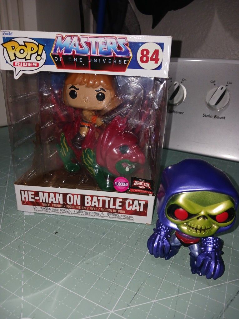 Funko pop Masters the Universe He Man on battle cat (new), and metallic Skeletor exclusive. Good Condition.