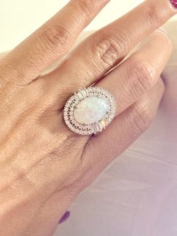 NWOT White FireOpal Halo Retro Silver Tone with CZ Engagement Ring in 7