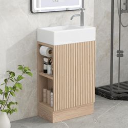 A72-18.6" Bathroom Vanity with Sink, Bathroom Vanity Cabinet with Two-Tier Shelf, Left or Right Orientation, Natural Bathroom Storage Cabinet