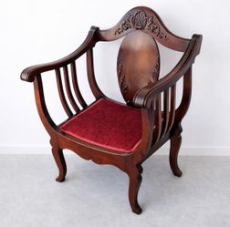 Antique Victorian Carved Mahogany Saddle Chair W/Red Seat