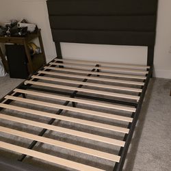 Queen bed frame Grey cushion back with wood slats