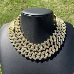 14k Gold Plated Cuban Prong Link Chain 20mm 18” 20” Iced out Premium Choker Necklace Box Clasp