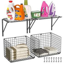 2 Pack Laundry Room Shelves, Wire Baskets with 8 Hooks, Over Washer and Dryer Shelf, Wall Mounted Storage 