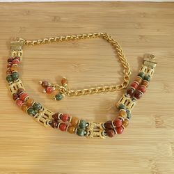 Vintage NWT glass ,gold bead links with leather belt made in Taiwan