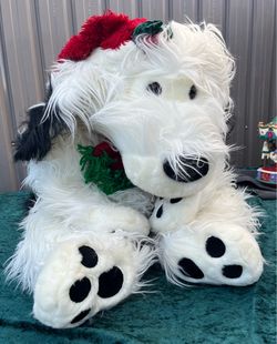 Large Shaggy Old English Sheepdog Christmas Plush With Santa Hat.