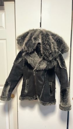 Black Faux Shearling Moto Jacket with Fur Collar