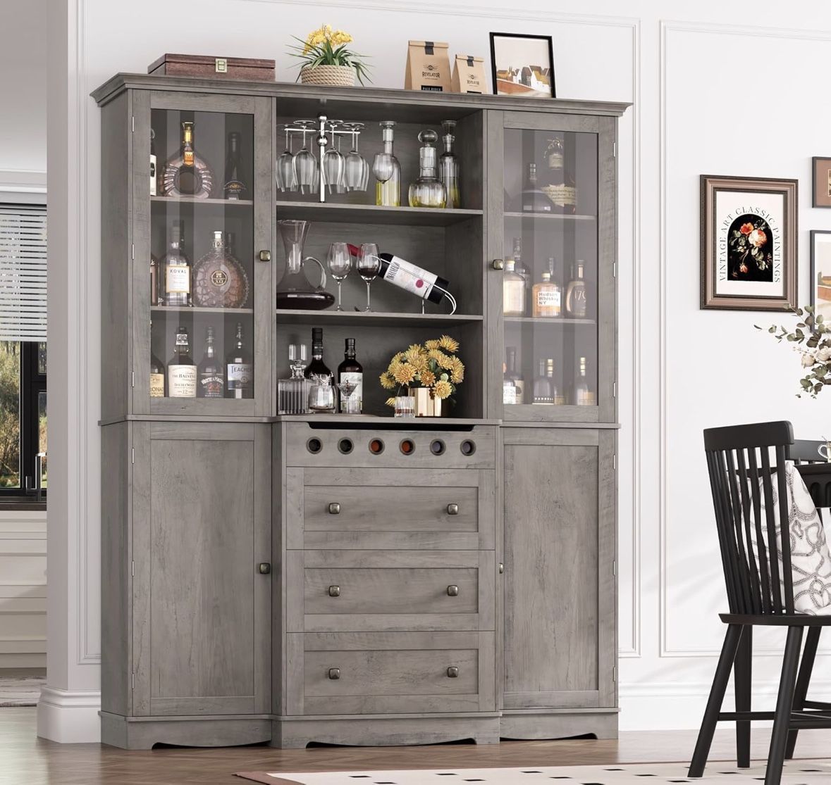 72" Tall Kitchen Storage Cabinet with Doors and Open Shelves, 58" Wider Kitchen Hutch with Countertop and Wine Drawer, Large Modern Pantry Cabinet wit
