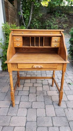 Vintage Oak Roll Top Secretary Desk with Drawers