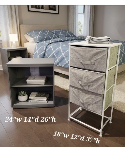 Bedroom Storage Duo – Open-Shelf Unit + Fabric Drawer Tower – $50 both