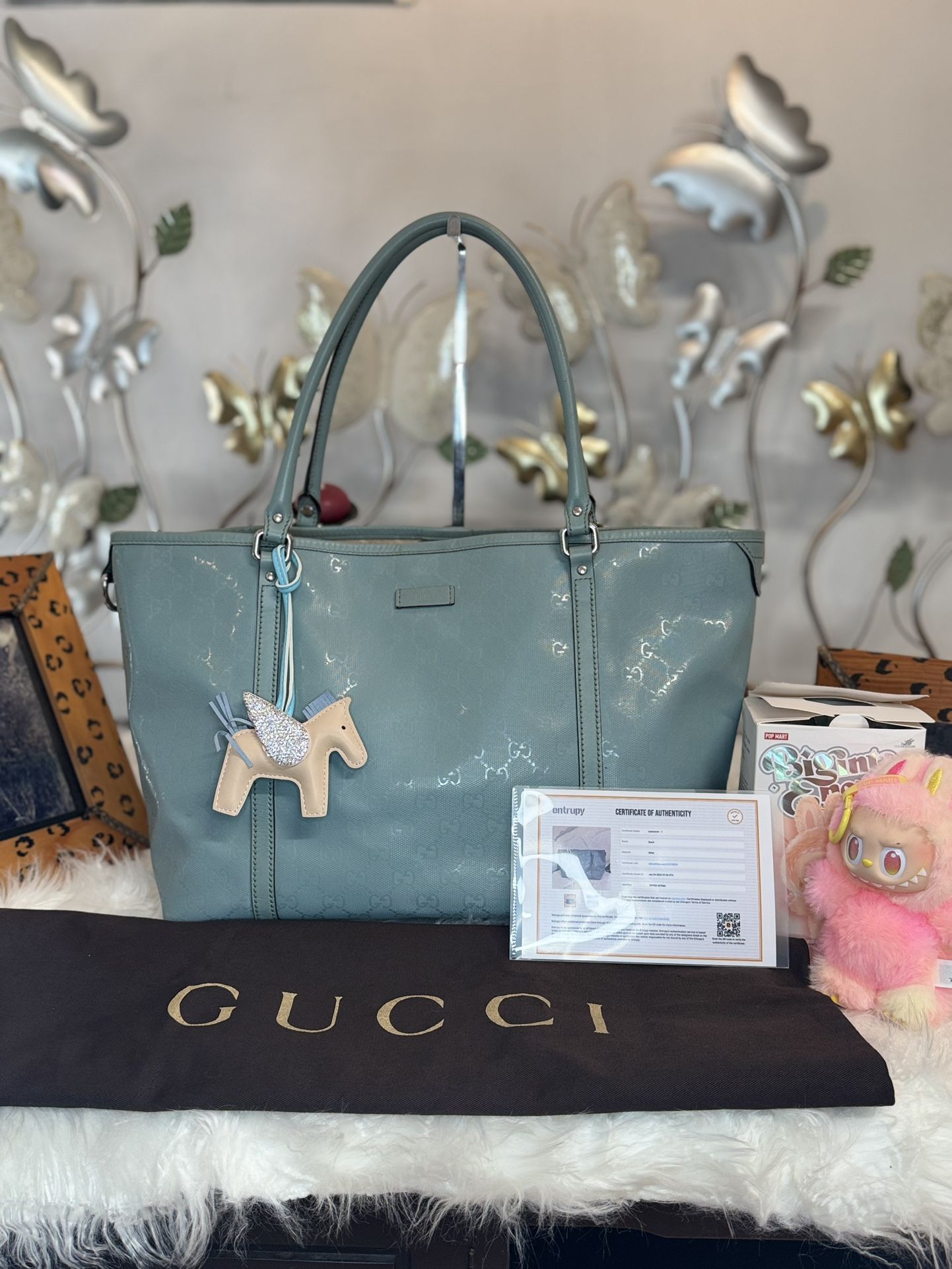 Pre-Owned Gucci Bree Tote Bag Light Blue Guccissima Patent Leather