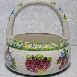 Vintage 1990s Ceramic Mosaic Quilted Design Fruits Vegetable Bowl Basket With Handle  Jay Import