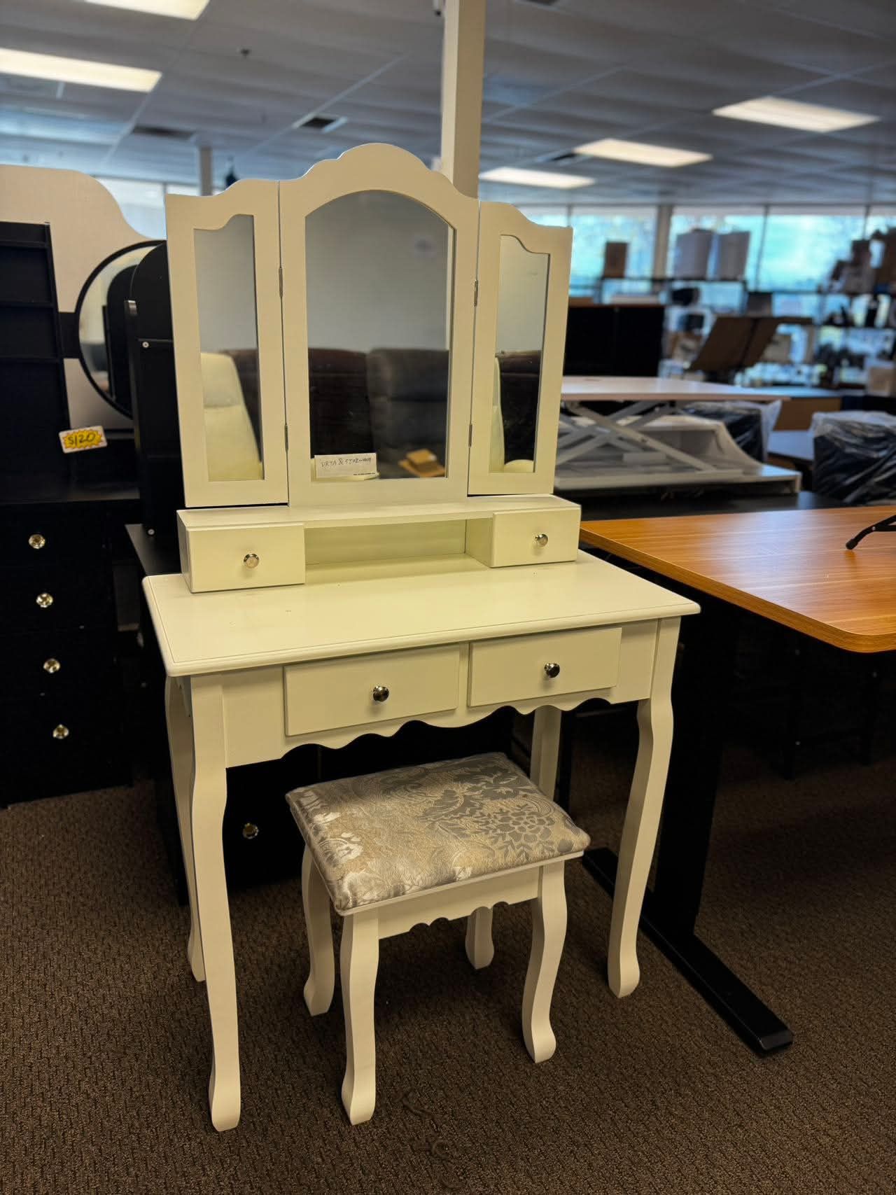 [New In Box] White Vanity Set Tri with Folding Mirror Makeup Table Stool Set 4-Drawer