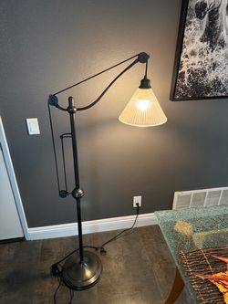 Industrial Pulley Floor Lamp with Glass Shade from Pottery Barn