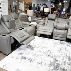 Party Time Backtrack Gray Real Leather Genuine Leather Power Electric Reclining Sofa And Loveseat Home Decor Outdoor Patio  Other 