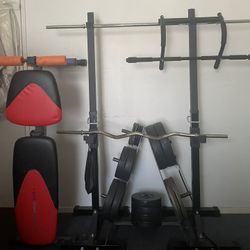 Workout Equipment (Barbell, EZ Curl Bar, Squat rack, Adjustable Bench, Weight Tree, Pull Up Bar, Weight Clips, Plates, Adjustable Dumbells)
