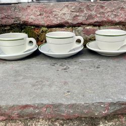 BUFFALO/IROQUOIS RESTAURANT WARE GREEN STRIPE COFFEE CUPS & SAUCERS