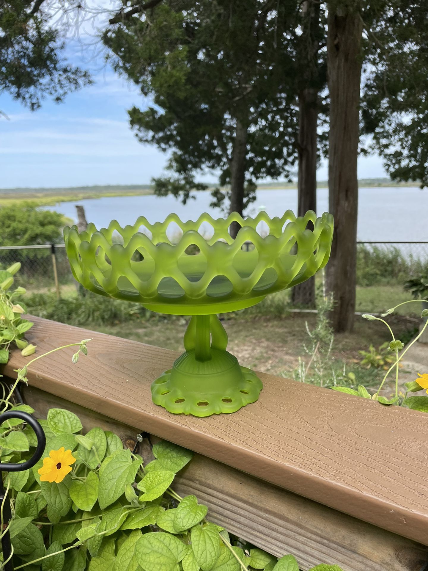 Vintage Westmorland Green Satin Glass Pedestal Dish