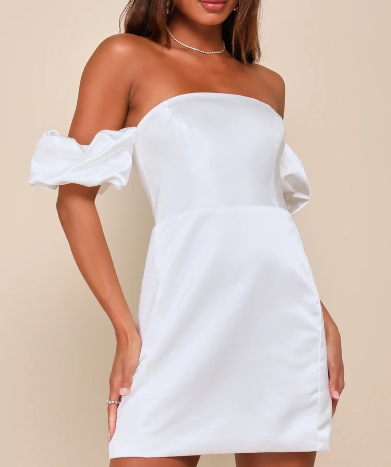 knee length dresses for ladies Zapaka Women White Satin Graduation Dress Sheath Off The Shoulder Mini Cocktail Dress, White / US2 main image 1