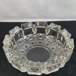 Vintage Heavy Cut Glass Ashtray, Daisy Button Pattern 6” 