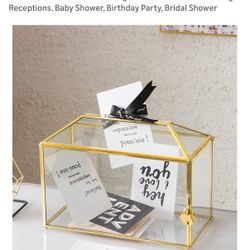 Glass Wedding Card Box with Slot, 12.6 inch Large Clear Card Box Gold Brass Gift Card Storage Box for Wedding Receptions, Baby Shower, Birth