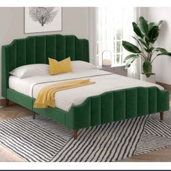 Queen Size Platform Bed Frame with Modern Curved Upholstered Wingback Headboard, Heavy Duty and Strong Wood Slat Support, Green