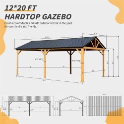 12x20ft Hardtop Gazebo, Galvanized Steel Gable Roof Gazebo Pergola with Wood Grain Aluminum Frame, Outdoor Permanent Gazebo Pavilion for Patio, Garden
