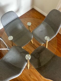 Modern Round Glass Dining Table Set – 4 Gray Upholstered Chairs