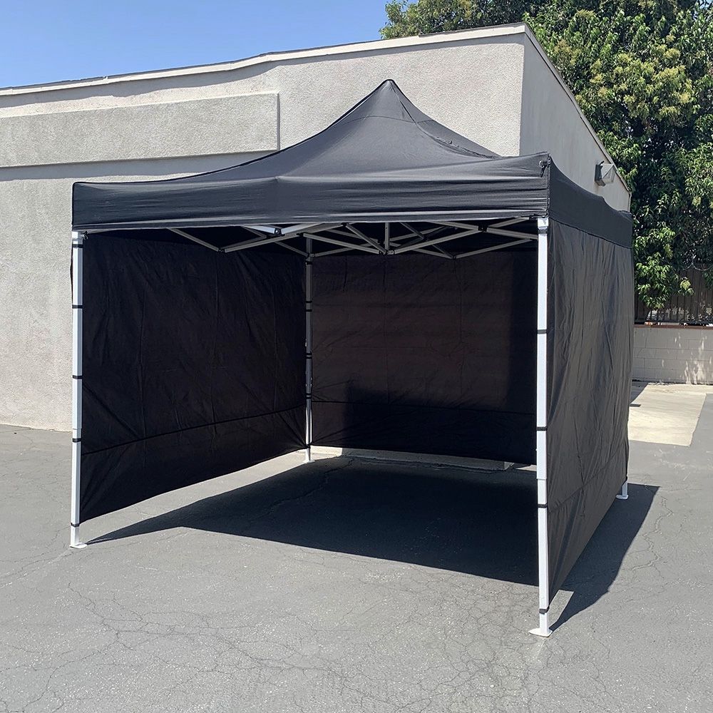 New in Box $120 Heavy Duty EZ Popup Canopy 10x10’ with (3 Sidewalls) Outdoor Gazebo, Carry Bag (Black)
