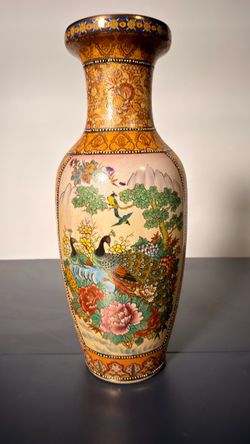 Large 23.5” Asian Satsuma-Style Peacock & Floral Decorative Floor Vase