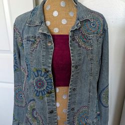 Women's Jacket Size 16 Retro Hearts Of Palm Denim Type Classic Embroidered