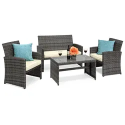 4-Piece Wicker Outdoor Sofa Conversation Set with Cushions and Table
