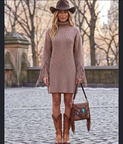 Ribbed Turtleneck Fringe Sweater Dress