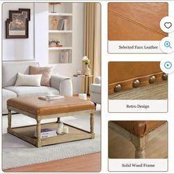 Large Square Ottoman Coffee Table for Living Room, Upholstered Tufted Faux Leather Footrest Storage Ottoman with Solid Wood Shelf, Footrest Stool (Bro