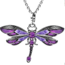Purple Dragonfly Necklace with Silver Chain, Beautiful Colorful Pendant with Shiny Wings & Crystal Rhinestone Accents, Vintage Fashion Jewelry *NEW*