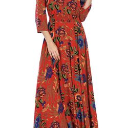Women's Floral Print Maxi Dress Button Up 3/4 Sleeve V Neck Beach Party Sundress (size 17) xl