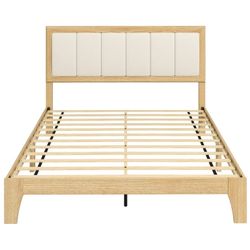 HOMCOM Full Size Bed Frame with Upholstered Headboard, Platform Bed Frame with Wooden Slats, No Box Spring Needed, Easy Assembly, Oak