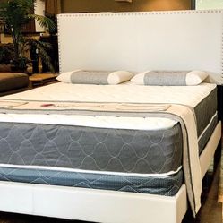 Brand New King Size Beige Velvet Nailhead Bed Frame With New Mattress/Fast Delivery 