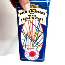 Vintage Pick-Up Sticks & Metal Jacks Game Set Tin Kids Collection Complete Retro Toy