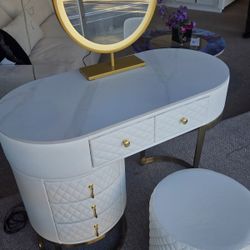 White Vanity, LED Mirror and Stool New