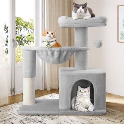 29.5in Indoor Cat Tree, Multi-Level Cat Tower with Sisal Scratching Posts, Padded Perch, Basket, Condo, and Hanging Ball, Suitable for Kittens and Adu