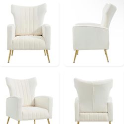 White Accent Chairs Set of 2 for Living Room,Modern Velvet Wingback Chair with Golden Metal Leg,Comf