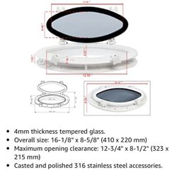 Boat - Yacht Elliptical Oval Opening Port-light/Porthole 16” X 8-5/8” Window - ABS, Tempered Glass, Color: White