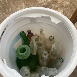 Bucket of Vintage Glass Bottles 