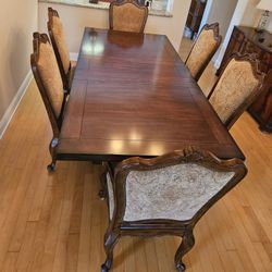 French Stvle Farmhouse Trestle Dining Table and 6 Chairs With Extension Two Leafs